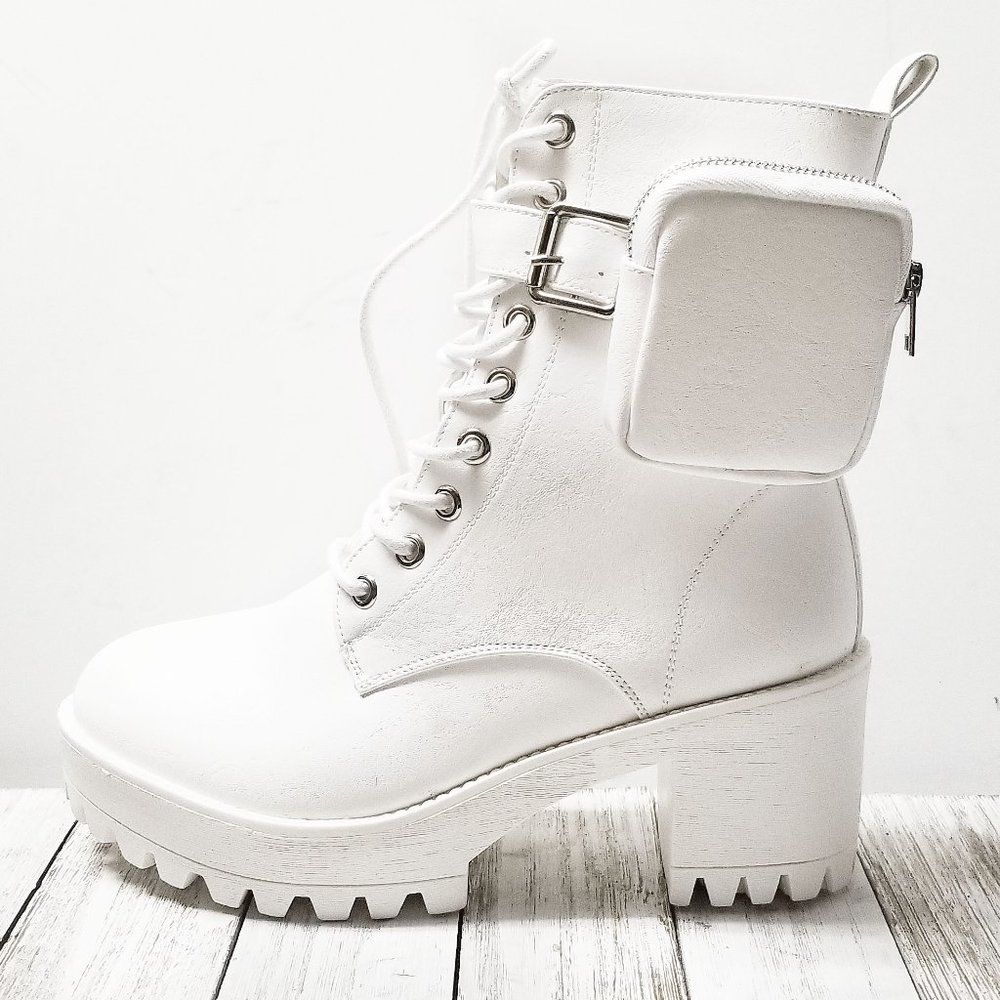 New Women White Pouch Lace Up Platform Combat Military Ankle Boots Booties - Picture 2 of 2